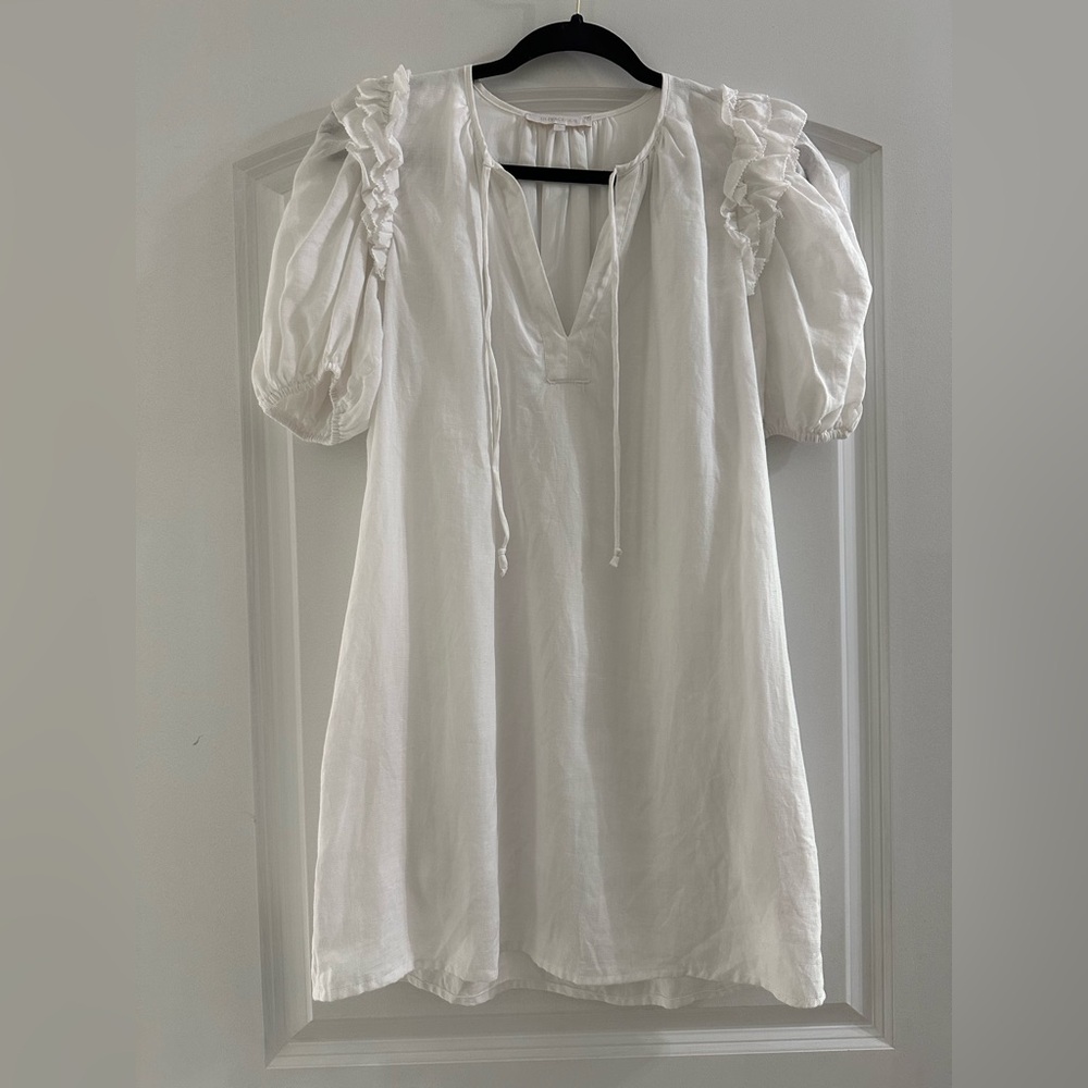 Olivaceous White Peasant Dress with Ruffle Sleeve Detail, Linen Blend